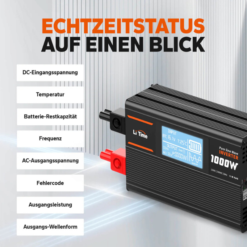 Invertor LiTime 1000W (2000W varf) Sinus Pur, 12V la 230V – Auto, Solar, Camping, protectie completa, telecomanda, 2 prize AC, 18A