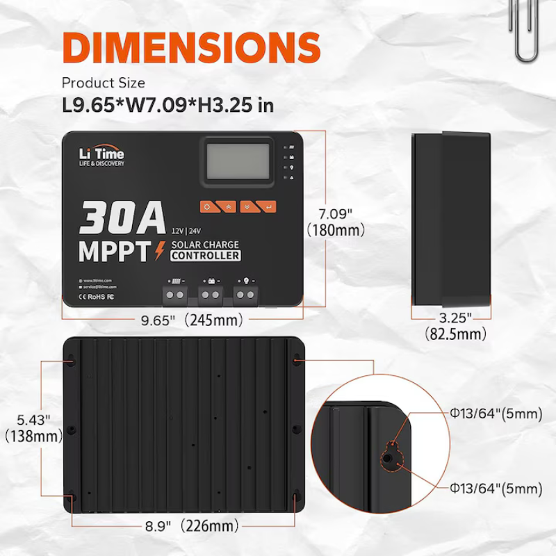 Controller solar MPPT 30A, 450W/12V 900W/24V LCD display, Adaptor Bluetooth, Control din aplicatie