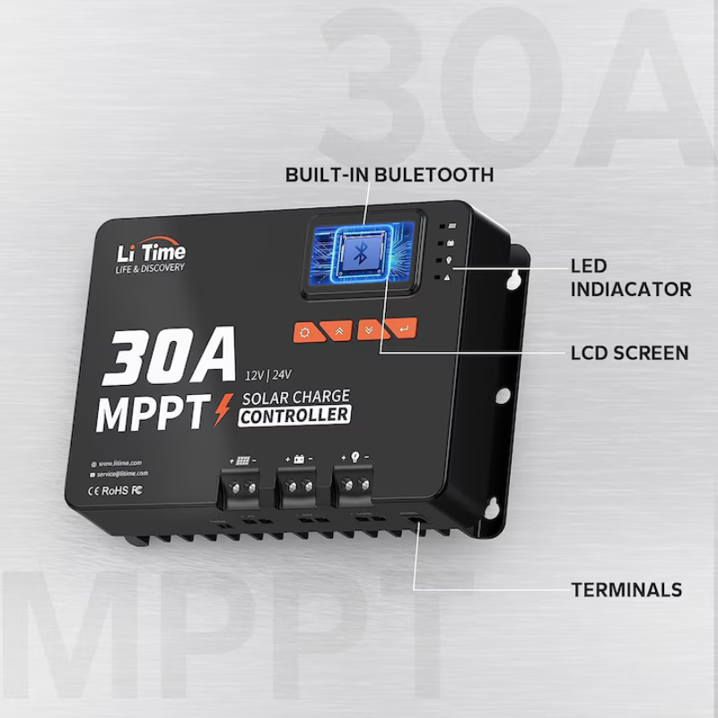 Controller solar MPPT 30A, 450W/12V 900W/24V LCD display, Adaptor Bluetooth, Control din aplicatie