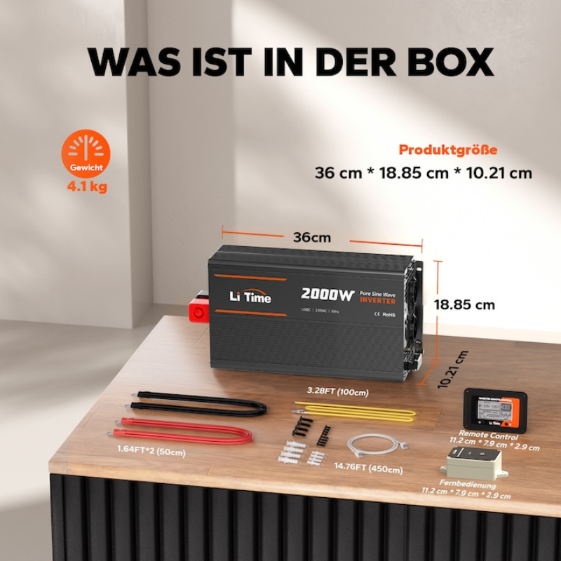 Invertor LiTime 2000W (4000W varf) Sinus Pur, 12V la 230V – Auto, Solar, Camping, protectie completa, telecomanda, 2 prize AC, 18A