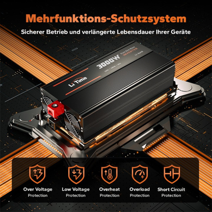 Invertor LiTime 3000W (6000W varf) Sinus Pur, 12V la 230V – Auto, Solar, Camping, protectie completa, telecomanda, 2 prize AC, 18A