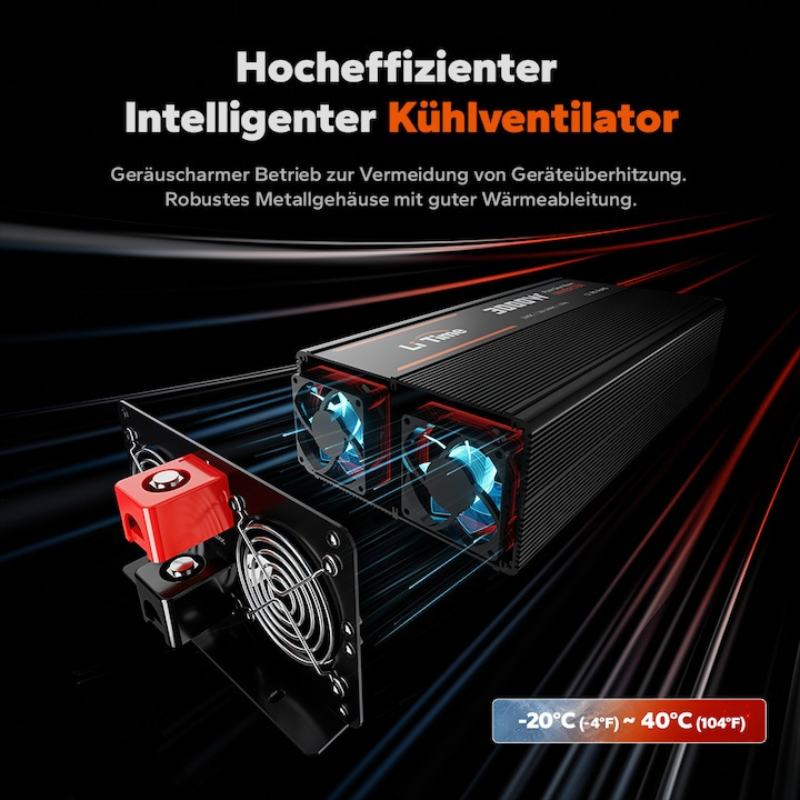 Invertor LiTime 3000W (6000W varf) Sinus Pur, 12V la 230V – Auto, Solar, Camping, protectie completa, telecomanda, 2 prize AC, 18A