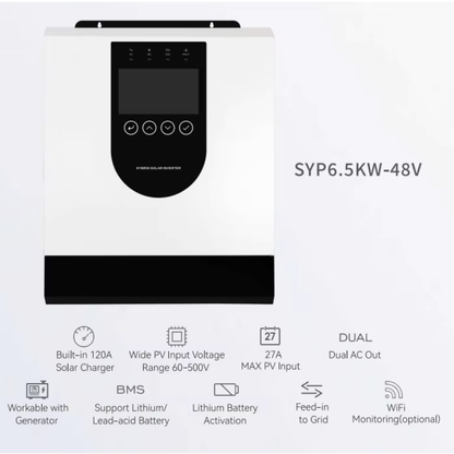 Invertor Solar Hibrid 6.5kW 48V MPPT 120A cu WiFi – Alimentare din Panouri, Baterii si Retea
