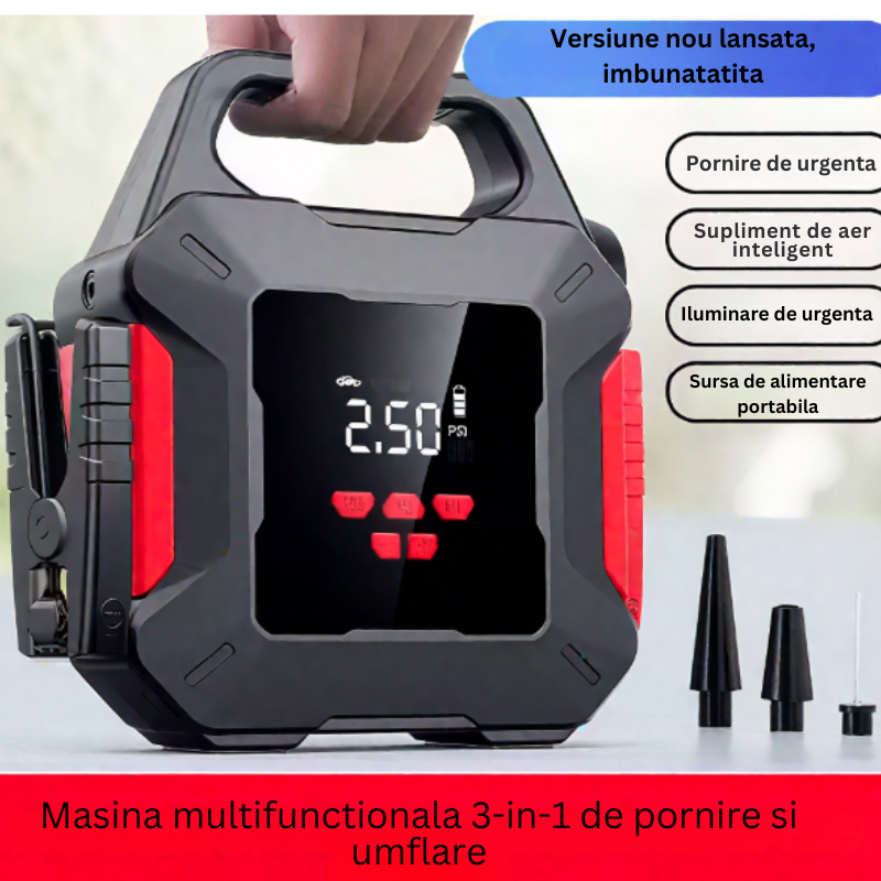 Robot pornire, Jump Starter Auto Portabil 10000 mAh – Compresor Anvelope & Power Bank USB pentru Porniri de Urgenta