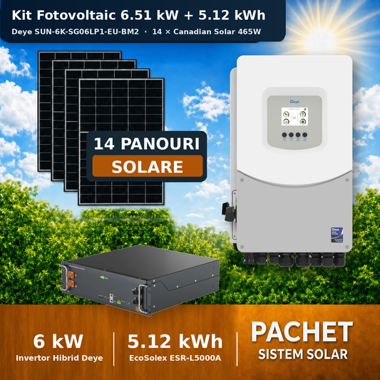 Sistem Fotovoltaic 6.51 kW cu 14 Panouri Canadian Solar 465W + Invertor Hibrid Deye 6 kW Monofazat + Baterie LiFePO4 5.12 kWh