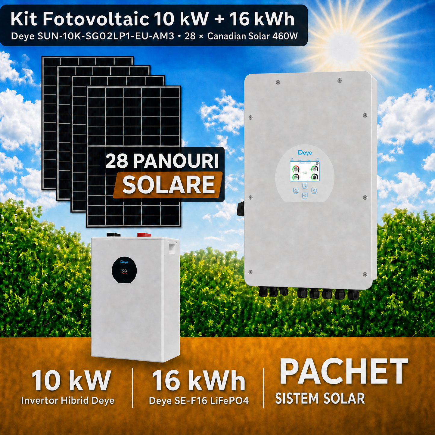 Kit Fotovoltaic 10 kW Deye Monofazat 3 MPPT + 28 Panouri Canadian Solar 460W TOPCon + Stocare 16 kWh LiFePO4