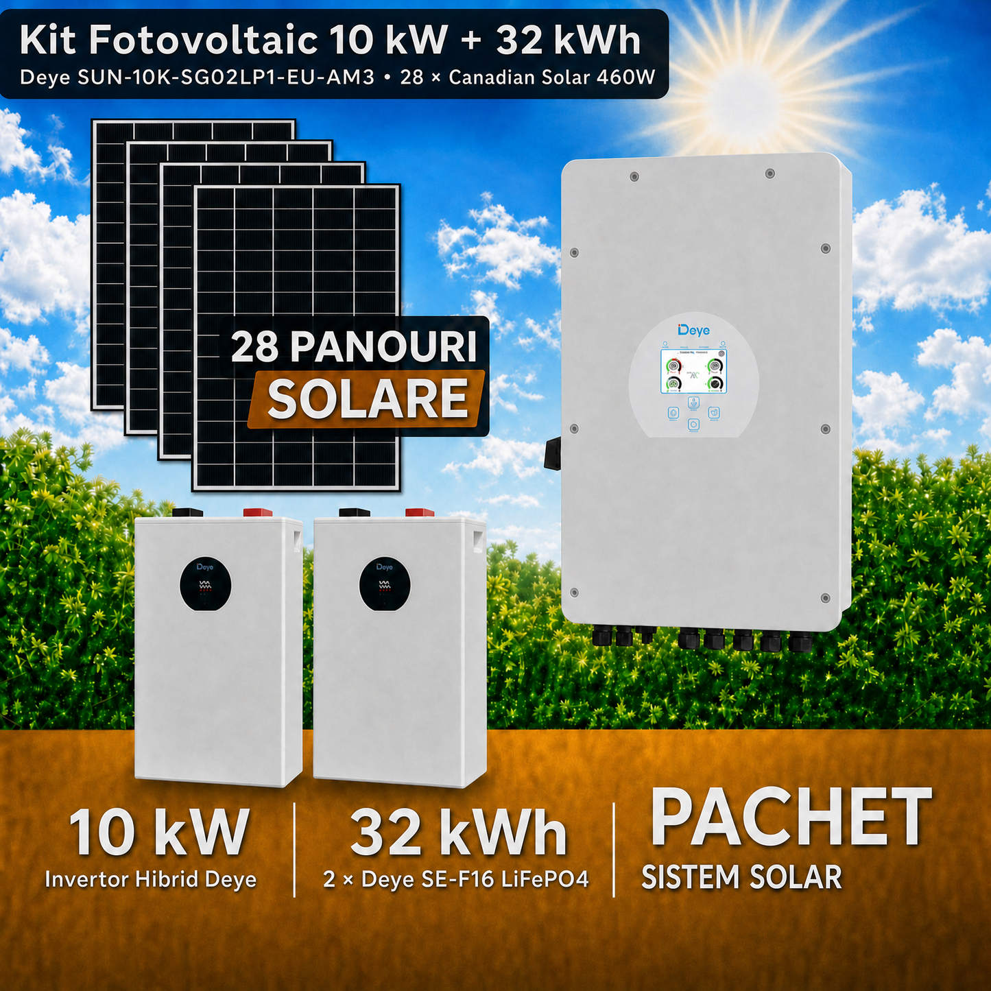 Kit Fotovoltaic 10 kW Deye Monofazat 3 MPPT + 28 Panouri Canadian Solar 460W TOPCon + Stocare 32 kWh LiFePO4