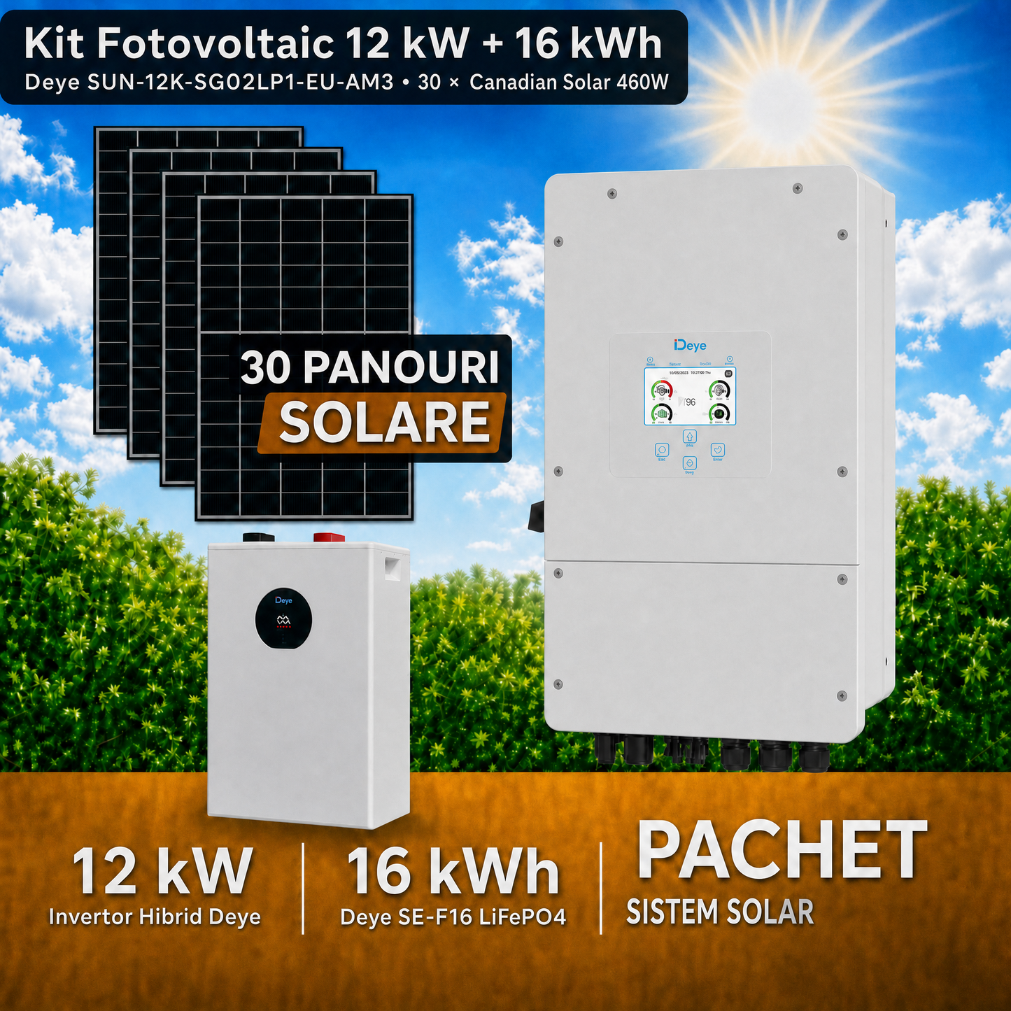 Kit Fotovoltaic 12 kW Deye Monofazat 3 MPPT + 30 Panouri Canadian Solar 460W TOPCon + Stocare 16 kWh LiFePO4