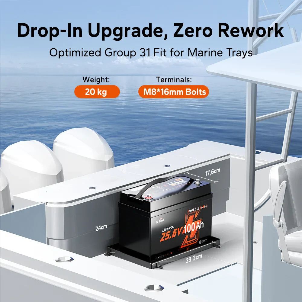 Baterie LiTime 24V 100Ah Xtra Mini LiFePO4, Bluetooth, Motoare Trolling 70–100 lbs
