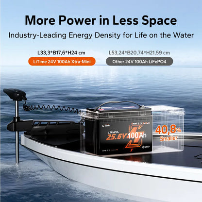 Baterie LiTime 24V 100Ah Xtra Mini LiFePO4, Bluetooth, Motoare Trolling 70–100 lbs