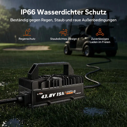 Incarcator inteligent LiTime 43.8V 15A pentru baterii LiFePO4 36V, IP66 si functie de activare BMS