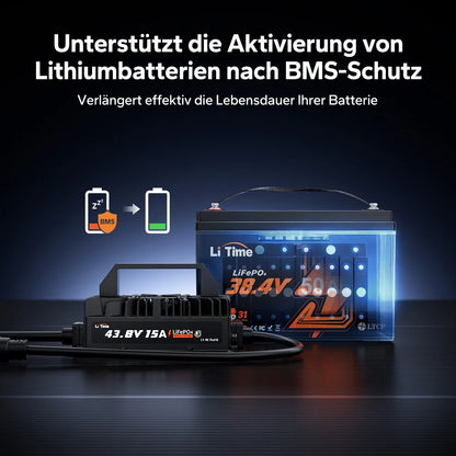 Incarcator inteligent LiTime 43.8V 15A pentru baterii LiFePO4 36V, IP66 si functie de activare BMS