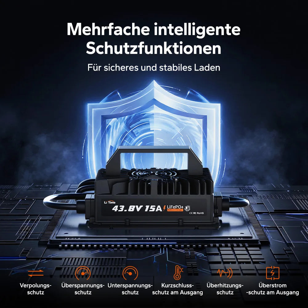 Incarcator inteligent LiTime 43.8V 15A pentru baterii LiFePO4 36V, IP66 si functie de activare BMS