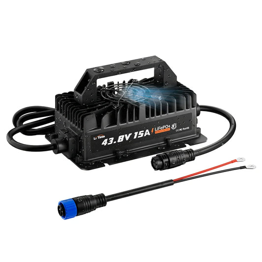 Incarcator inteligent LiTime 43.8V 15A pentru baterii LiFePO4 36V, IP66 si functie de activare BMS