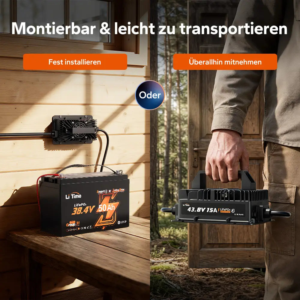 Incarcator inteligent LiTime 43.8V 15A pentru baterii LiFePO4 36V, IP66 si functie de activare BMS