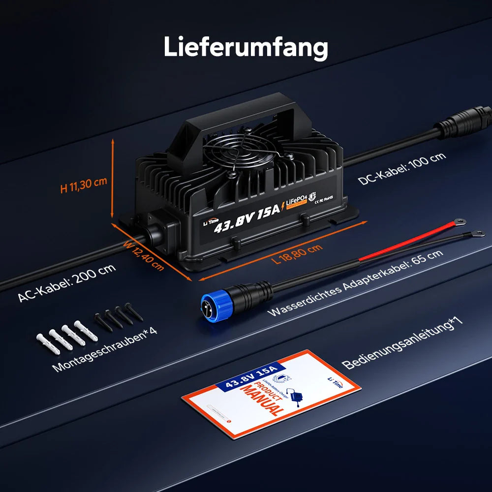 Incarcator inteligent LiTime 43.8V 15A pentru baterii LiFePO4 36V, IP66 si functie de activare BMS