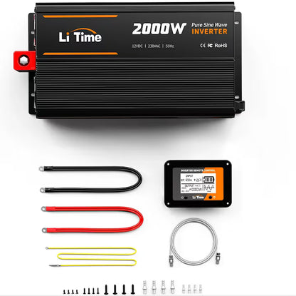 Invertor LiTime 2000W (4000W varf) Sinus Pur, 12V la 230V – Auto, Solar, Camping, protectie completa, telecomanda, 2 prize AC, 18A