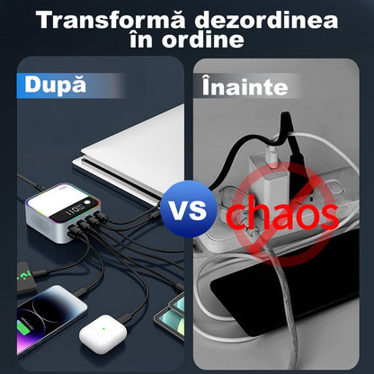 Statie de Incarcare Rapida 120W 8 in 1 cu 4 x PD3.0 USB-C, 4 x QC3.0 USB-A si RGB