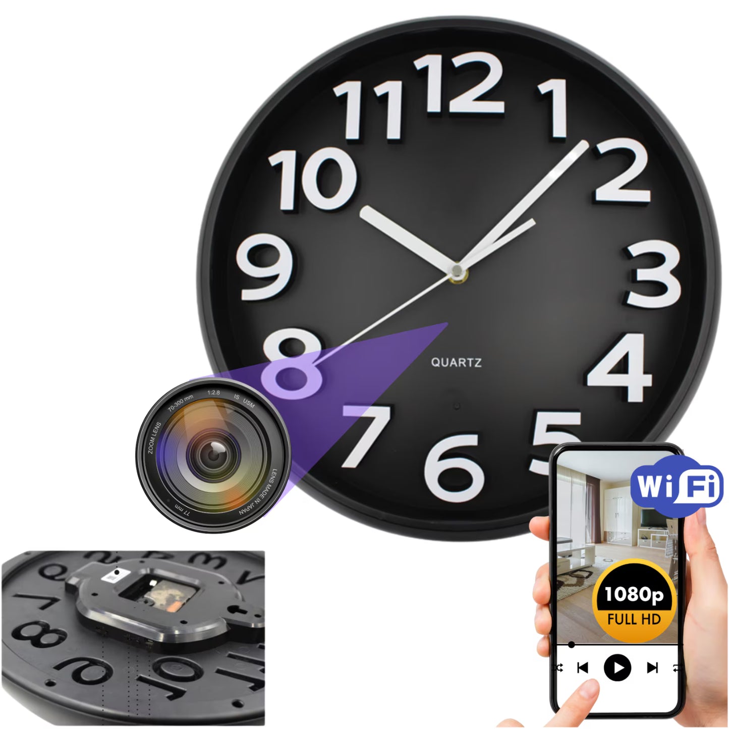 Ceas de perete spion cu camera ascunsa Wi-Fi 1080p Full HD, MicroSD, detectie miscare