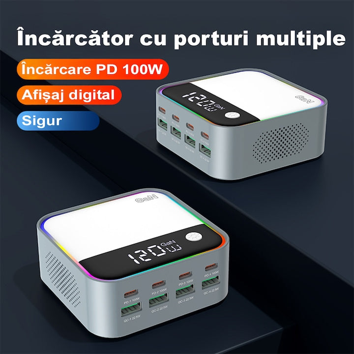 Statie de Incarcare Rapida 120W 8 in 1 cu 4 x PD3.0 USB-C, 4 x QC3.0 USB-A si RGB