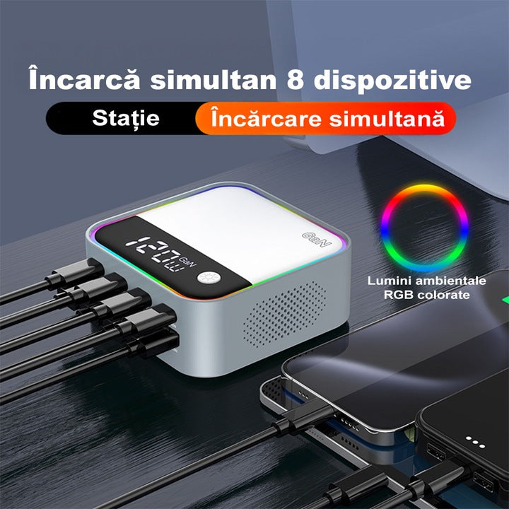 Statie de Incarcare Rapida 120W 8 in 1 cu 4 x PD3.0 USB-C, 4 x QC3.0 USB-A si RGB
