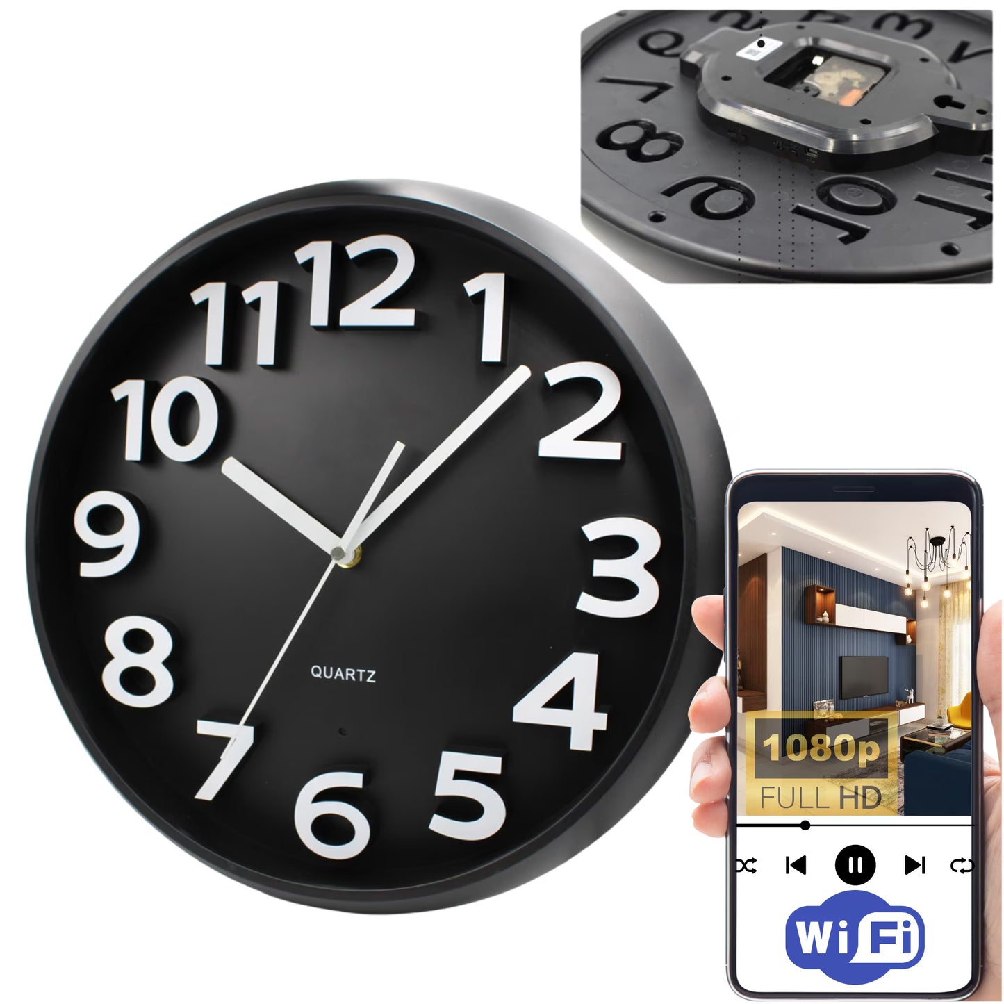 Ceas de perete spion cu camera ascunsa Wi-Fi 1080p Full HD, MicroSD, detectie miscare