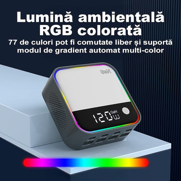 Statie de Incarcare Rapida 120W 8 in 1 cu 4 x PD3.0 USB-C, 4 x QC3.0 USB-A si RGB