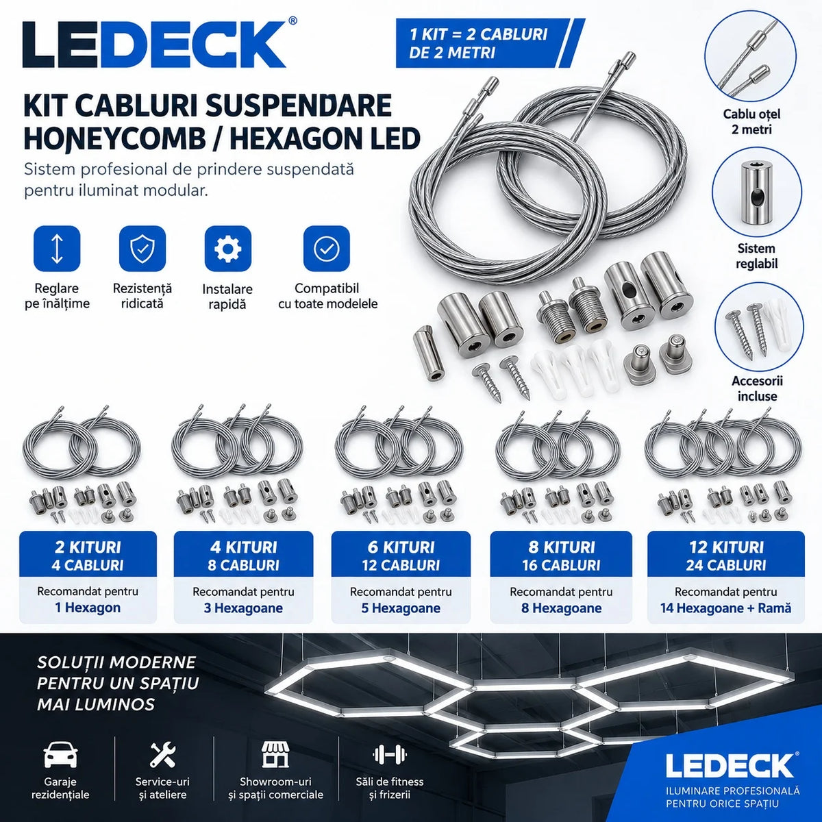 12 Kituri Suspendare Lampi LED Hexagon — 24 Cabluri x 2m