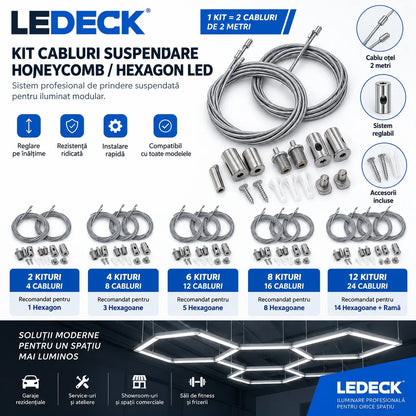 12 Kituri Suspendare Lampi LED Hexagon — 24 Cabluri x 2m
