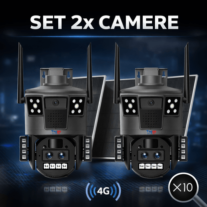 Set 2 camere supraveghere Fast Bundle cu panou solar 14W, zoom 10x, conexiune 4G, ofertă 1+1 gratis, în imagine.