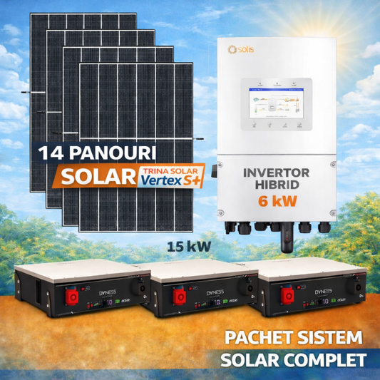 Sistem Fotovoltaic Complet 6.37 kW cu 14 Panouri Solare + Invertor Solis 6 kW Monofazat + Stocare LiFePO4 15.36 kWh