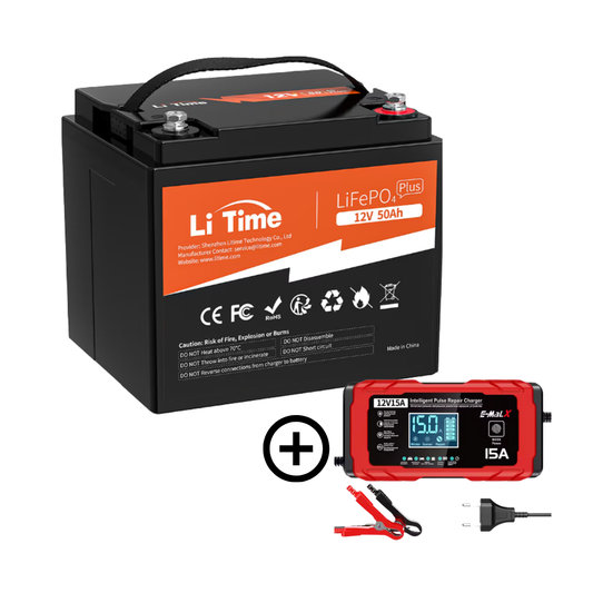 Baterie solara LITHIUM LiTime 12V 50Ah LiFePO4 cu BMS, 640Wh, IP65, 198x166x170mm + Incarcator LifePO4 12V15A