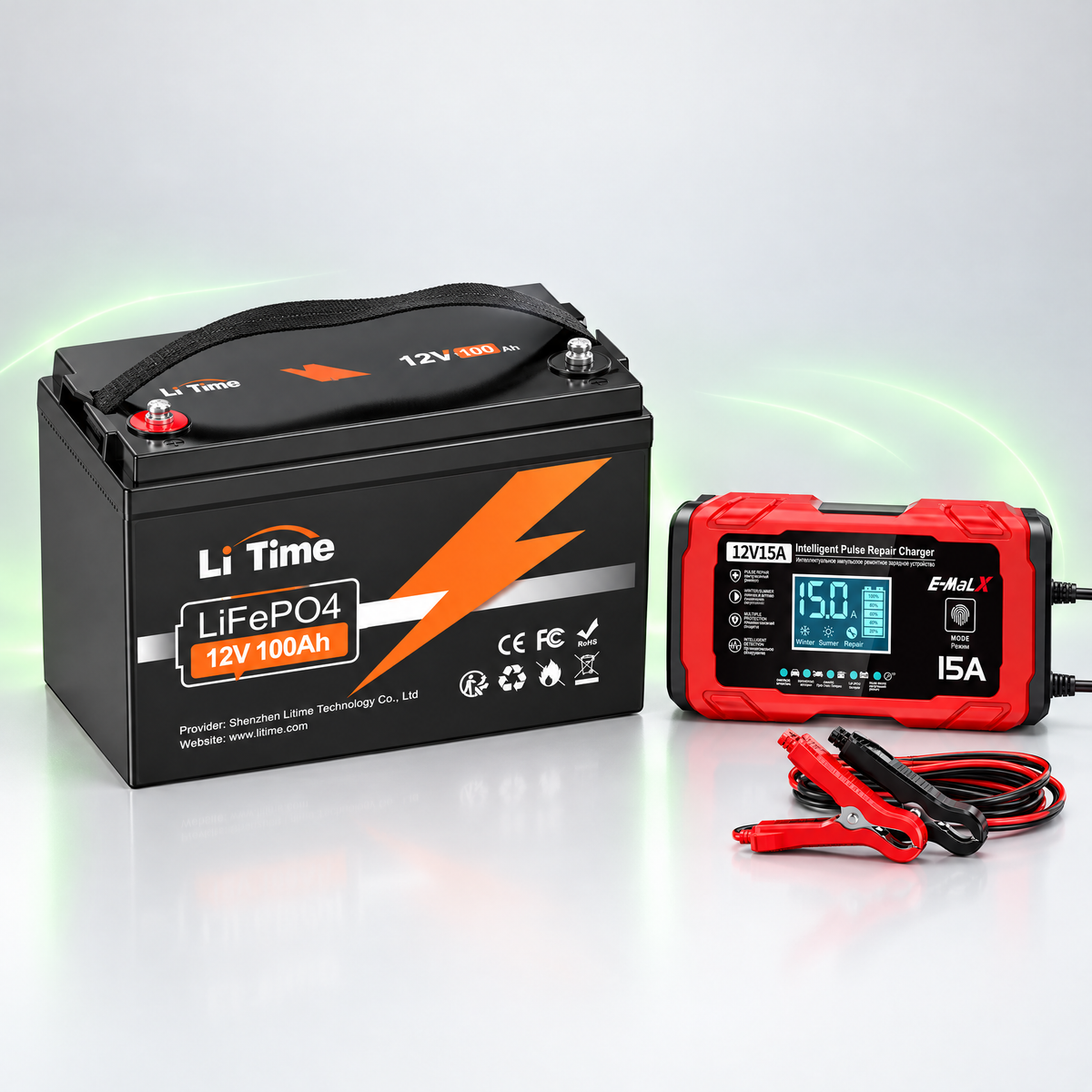 Kit Baterie LiTime 12V-100Ah LiFePO4 1280Wh IP65 + Redresor 12V-15A LiFePO4 cu functie de reparare