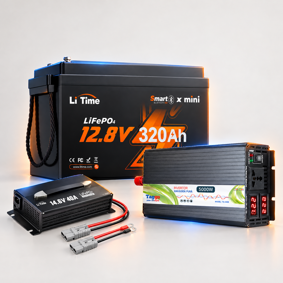 Kit Invertor Sinus Pur 5000W 12V-220V+Baterie 12V-320Ah LiFePO4 + Redresor 40A pentru Rulote si Off-Grid