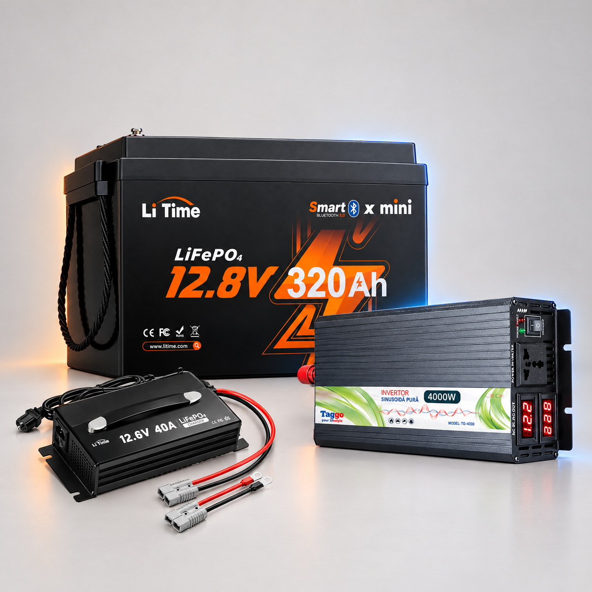 Kit Invertor Sinus Pur 4000W 12V-220V+Baterie 12V-320Ah LiFePO4 + Redresor 40A pentru Rulote si Off-Grid