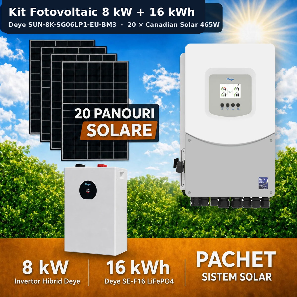 Sistem Fotovoltaic 8 kW cu 20 Panouri Canadian Solar 465W + Invertor Hibrid Deye 8 kW Monofazat LV + Stocare LiFePO4 16 kWh