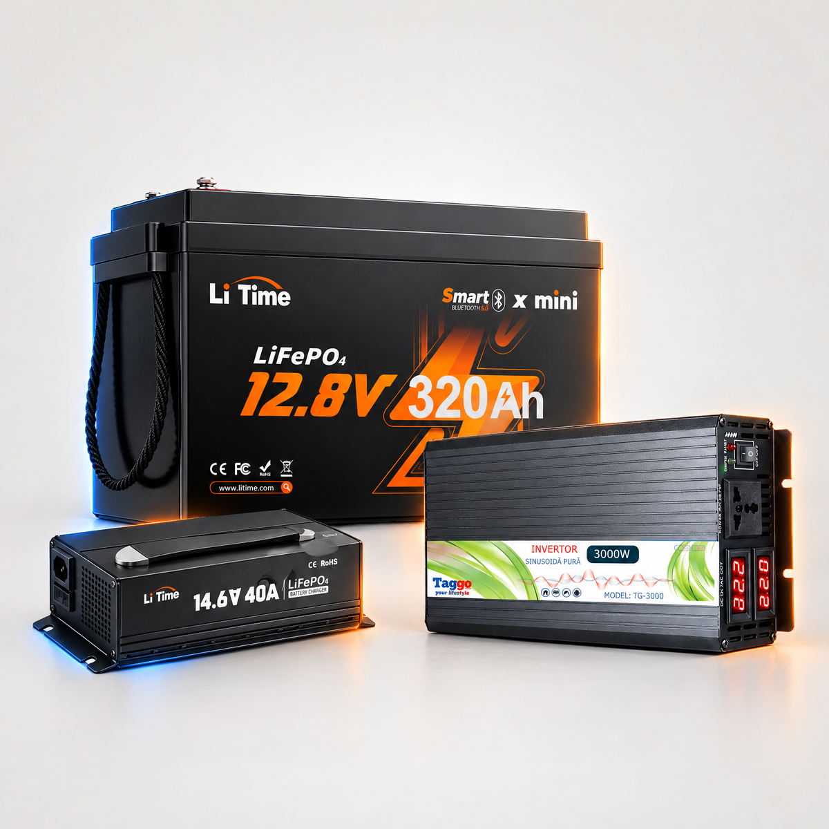 Kit Invertor Sinus Pur 3000W 12V-220V+Baterie 320Ah LiFePO4+Redresor 40A pentru Rulote si Off-Grid