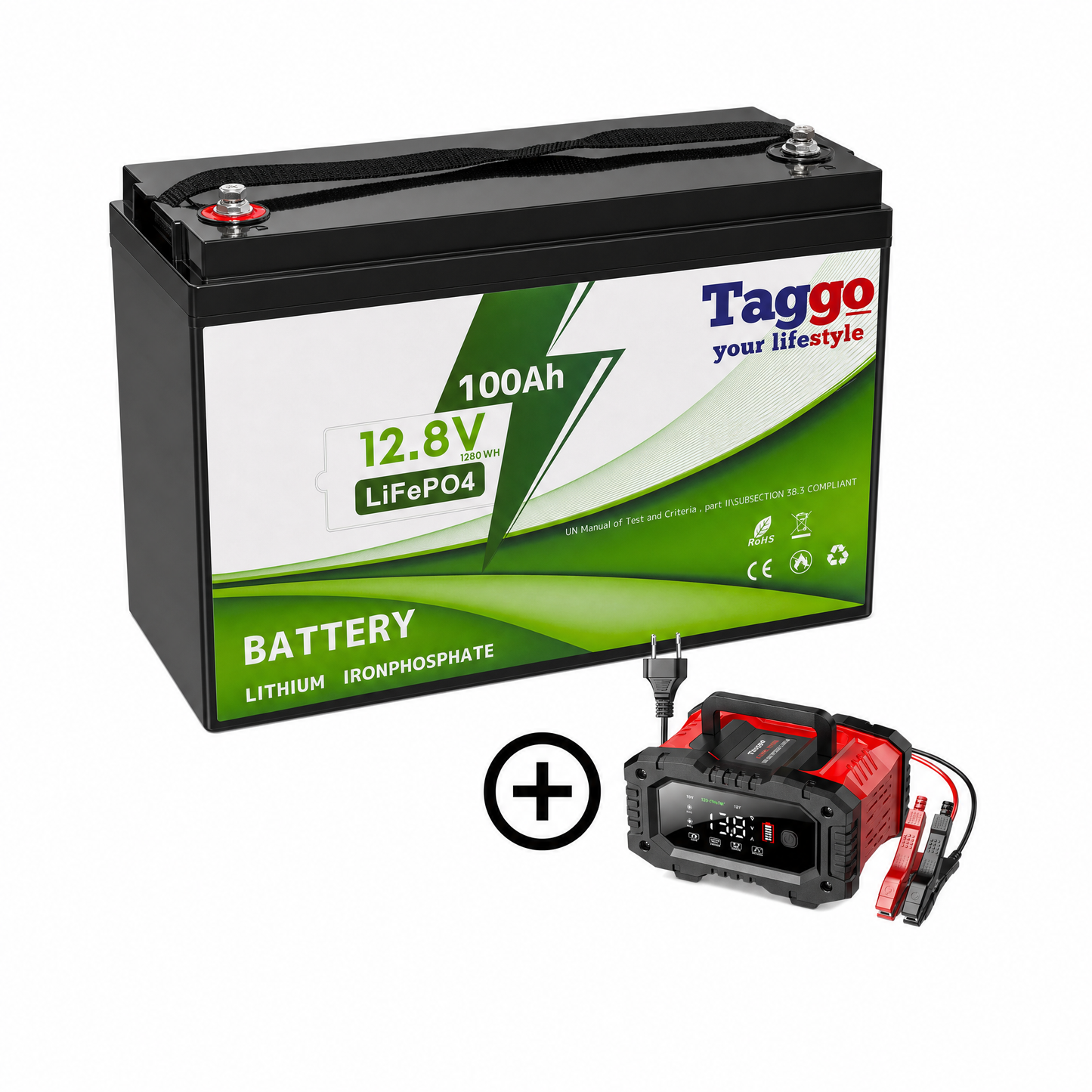 Pachet Baterie LiFePO4 12V 100Ah cu BMS 100A + Redresor Încărcător 12V 20A / 24V 10A