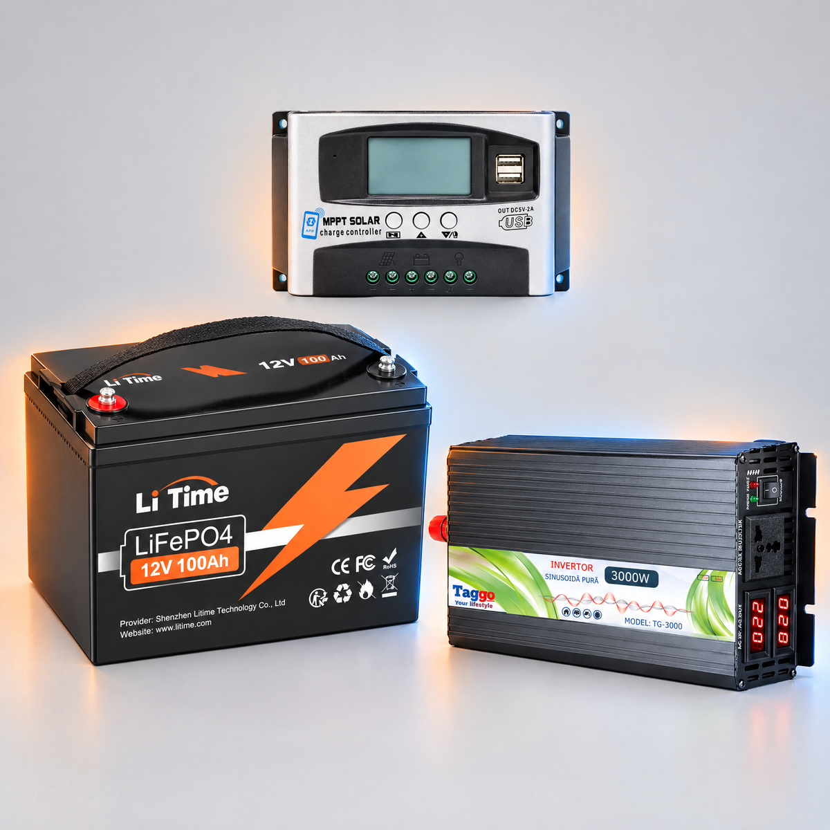 Kit Solar 12V LiTime 100Ah 1280Wh+Controler MPPT 40A WiFi+Invertor 12V-3000W Sinus Pur