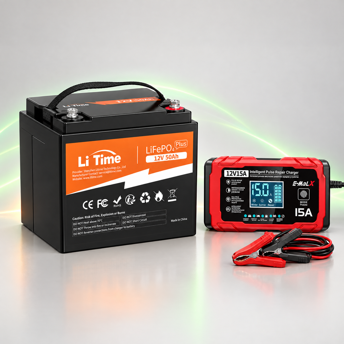 Kit Baterie LiTime LiFePo12V-50Ah 640Wh IP65 + Redresor 12V-15A LiFePO4 cu functie de reparare
