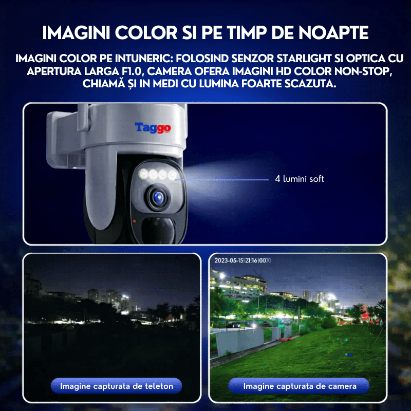 Camera supraveghere exterior 4G Ultra HD, Full Color, 4MP, zoom 10X, incarcare solara, rotire din aplicație, IP66, card 128GB.
