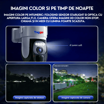 Camera supraveghere exterior 4G Ultra HD, Full Color, 4MP, zoom 10X, incarcare solara, rotire din aplicație, IP66, card 128GB.
